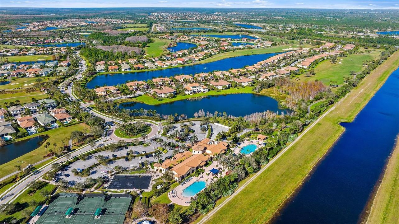 Ariel view of fitness center and pools.