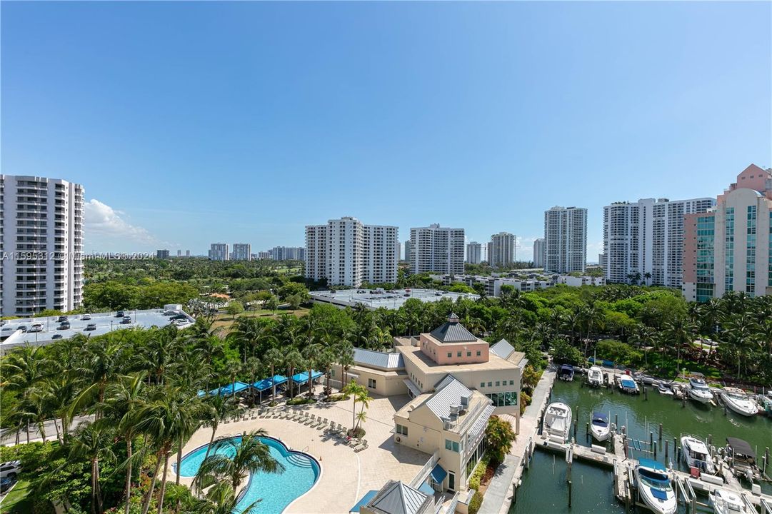 View of the yacht club, marina and the Aventura skyline.