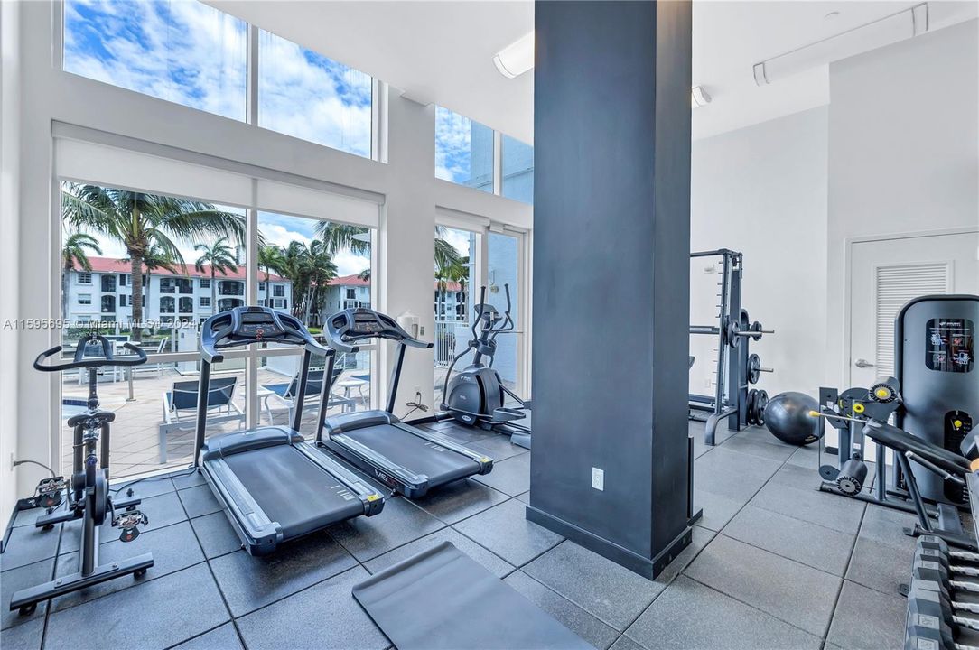 Gym has view to the pool area