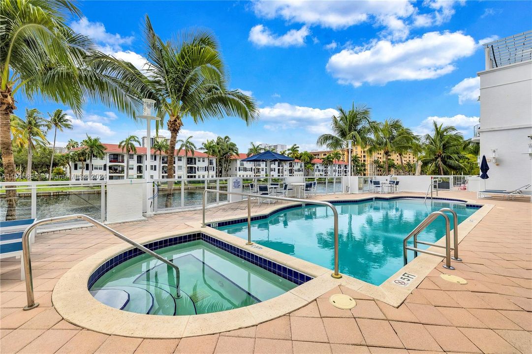 Community pool by the canal