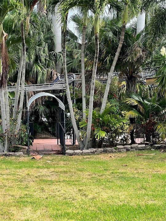 Entry to dining terrace from the lovely grounds