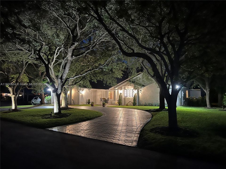 Spotlights on front 3 oaks add drama to the night view from the street