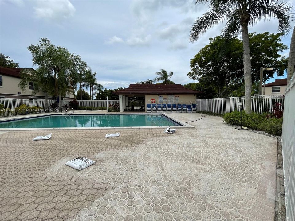 Pool deck is being refinished.