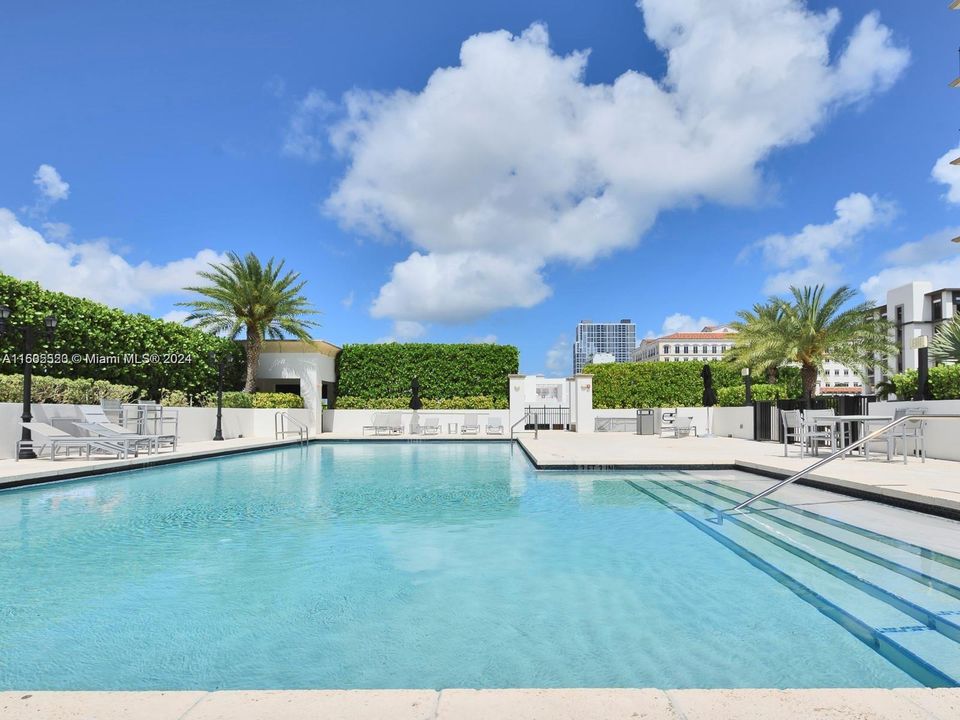 Lounge chairs around the pool deck