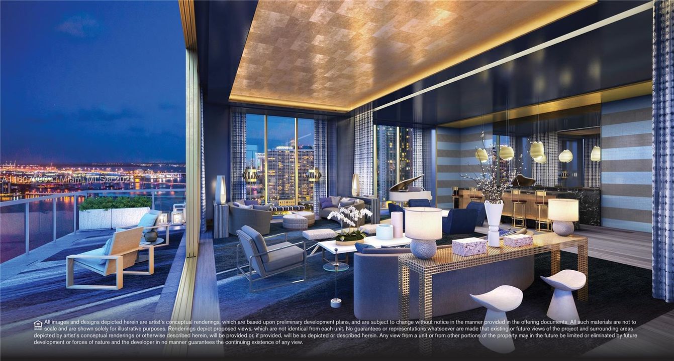 Grand Salon with Full Bar and Great Room in the Owners' Sky Lounge - Rendering Picture