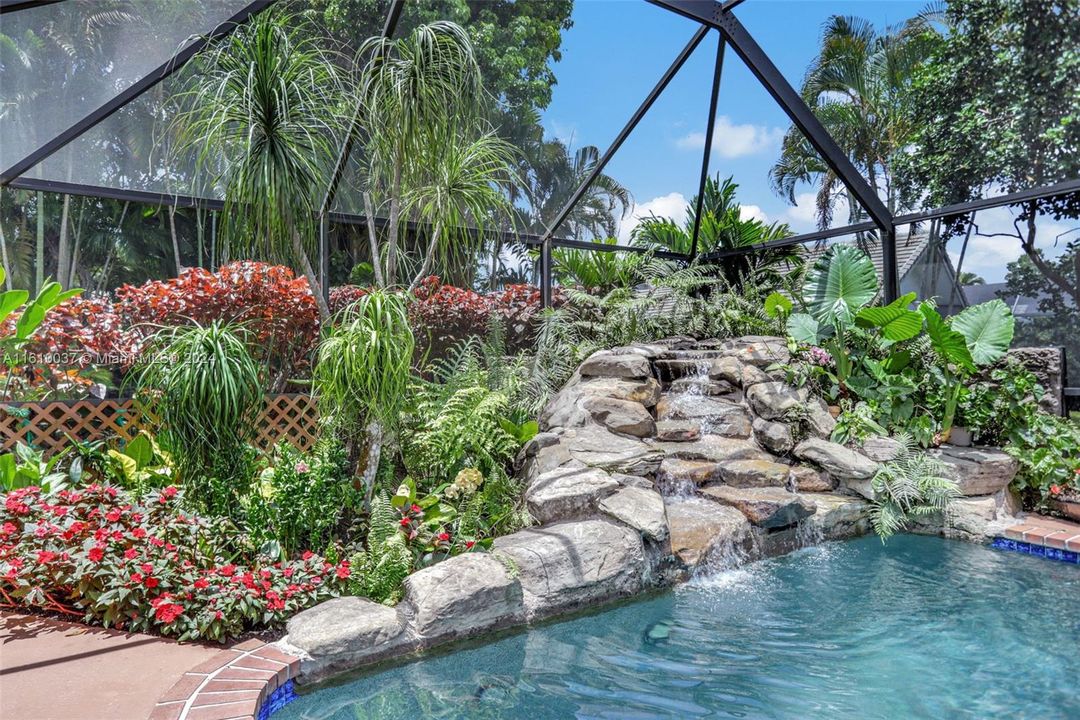 Impressive designer water features, natural rock, vibrant flowers and lush tropical plants