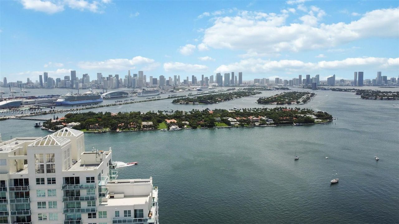 of Star Island, Hibiscus Island, Palm Island, Port of Miami and Brickell and Downtown Miami skyline