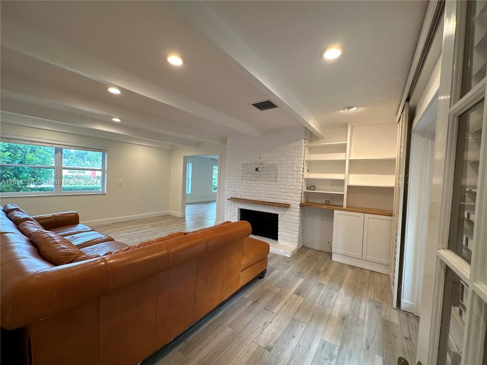 faux fireplace and shelving