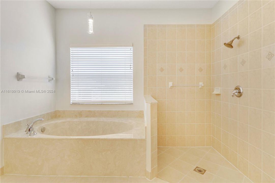 Master bathroom features a soaking tub and large walk in shower