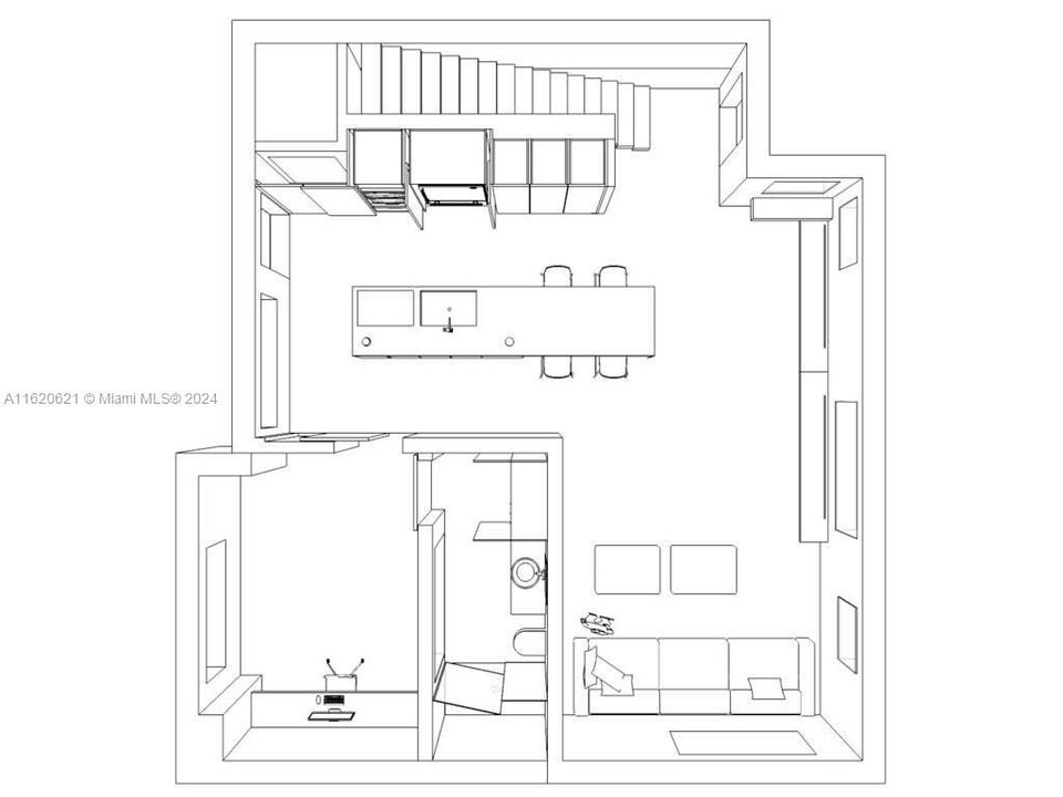 1st floor layout  Kitchen, Living, Dining, 2nd Bed & Bath