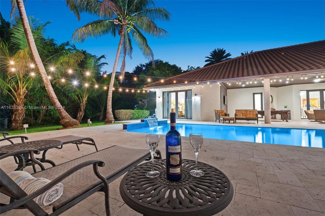 Twilight - String  Lights and Outdoor living with updated pool and travertine pool deck and patio