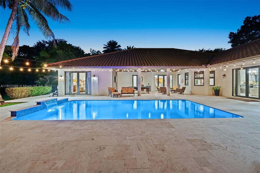 Twilight - String  Lights and Outdoor living with updated pool and travertine pool deck and patio