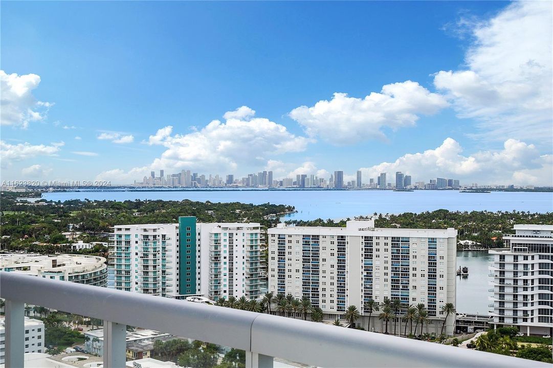 City Skyline, the bay and the green canopy of Miami Beach