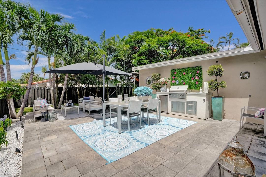 Back of the house, enclosed yard with outdoor kitchen and low Maintanence artificial turf.