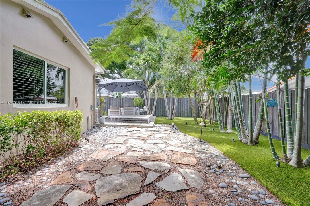 Back of the house, enclosed yard with low Maintanence artificial turf.