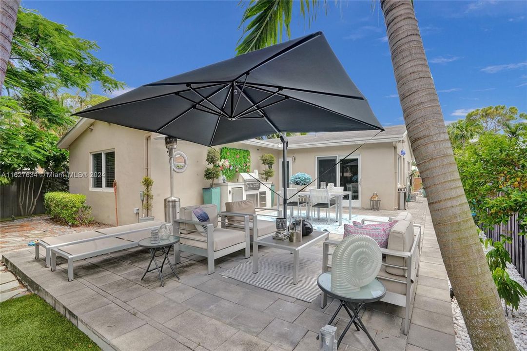 Back of the house, enclosed yard with outdoor kitchen and low Maintanence artificial turf.