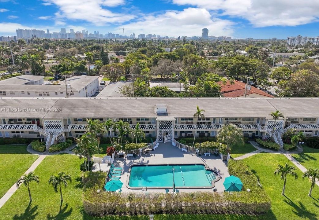 sky view of building and pool