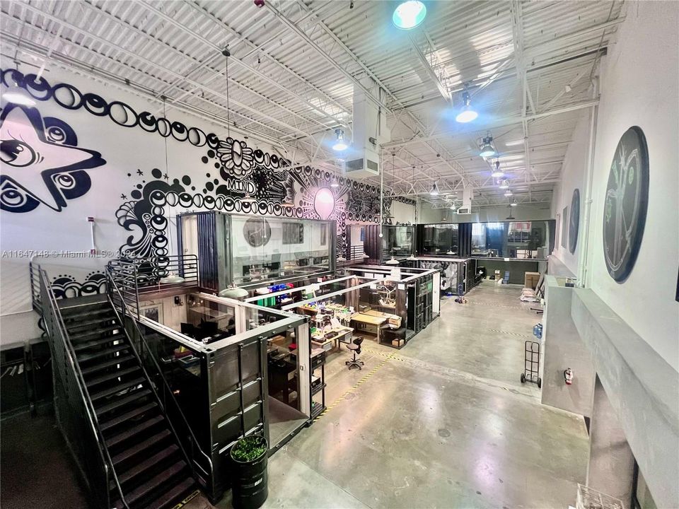 View from mezzanine overlooking warehouse and loading area