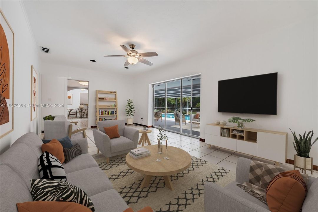 Generously-Sized Poolside Family Room Overlooking Pool (virtually staged)