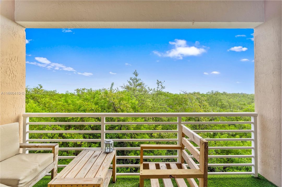 The spacious balcony offers a view of the natural preserve.