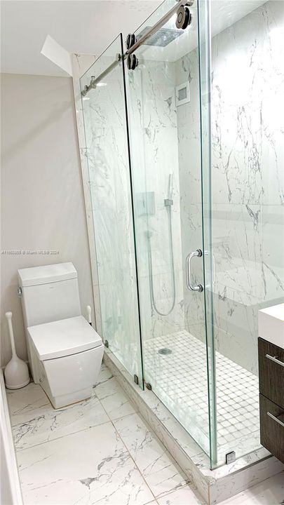 Large shower wil marble mosaic tile and ceiling mounted shower