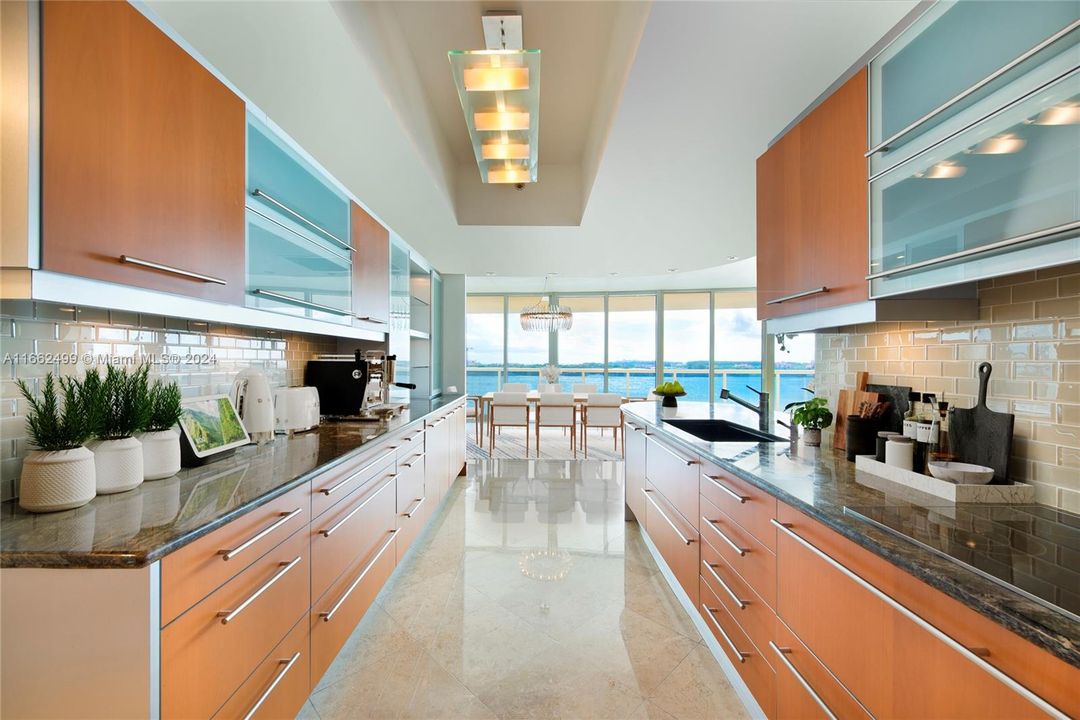 Chef's kitchen with water views.