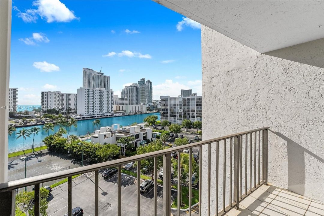 Spacious balcony facing East towards the Intracoastal Waterway. 1000 Parkview Drive, #824, Oceanview Park Condominium in Three Islands, Hallandale Beach.