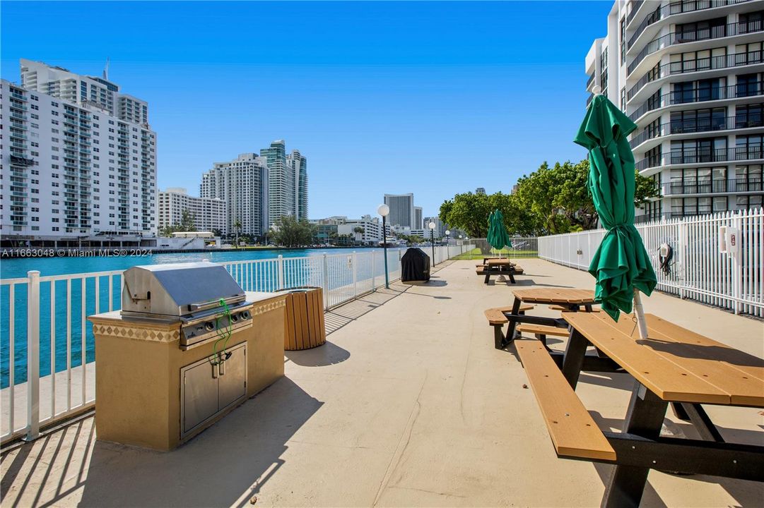 Waterfront BBQ Area.  Enjoy good times with friends while watching Yachts pass by!Oceanview Park Condominium - 1000 Parkview Drive, Unit #824, Hallandale Beach, Florida.