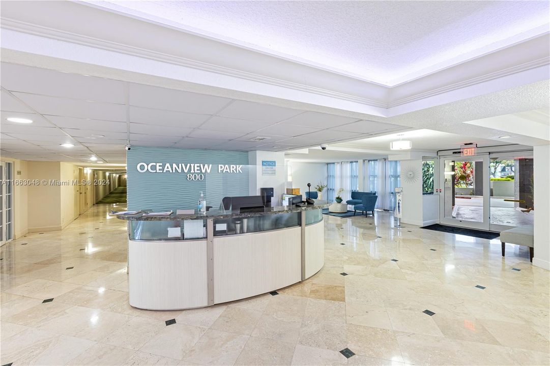 Front Desk and 24-hour security.Oceanview Park Condominium, Three Islands, 800/1000 Parkview Drive, Hallandale Beach. Florida.