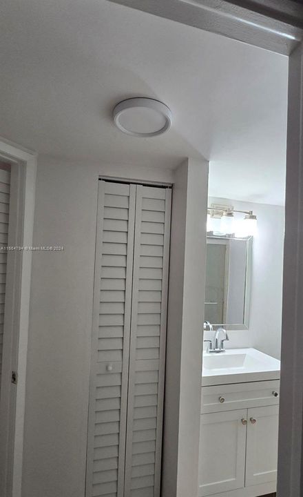 LINEN CLOSET w/NEW DOOR & SHELVES- REMODELED BATHROOM w/ NEW VANITY, MIRROR, LIGHTING & NEW TOILET