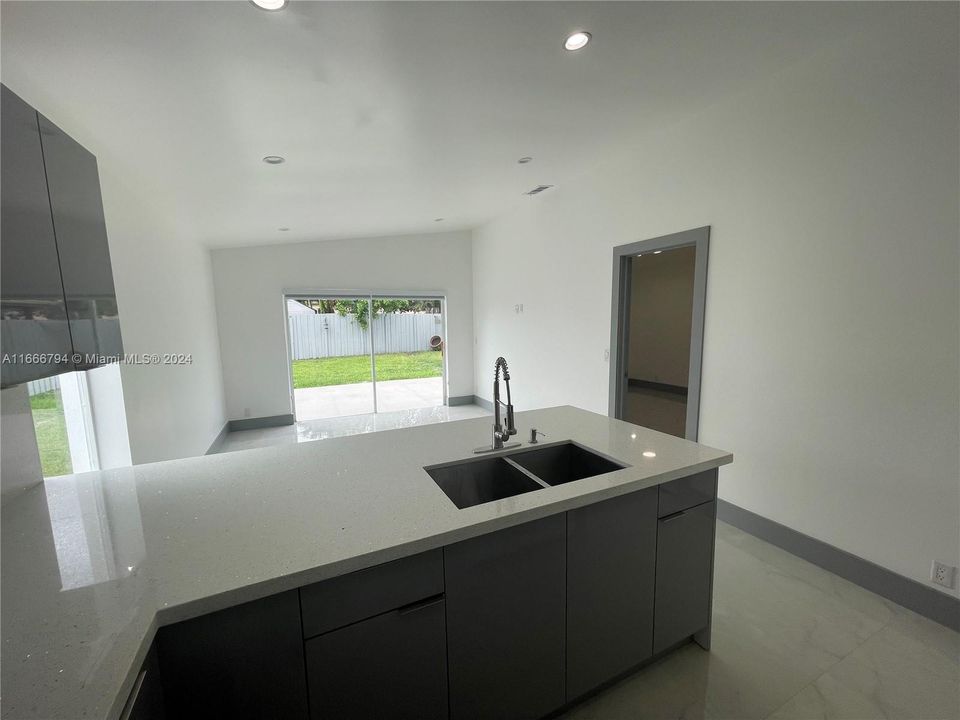 white Quartz on counter top, double sink