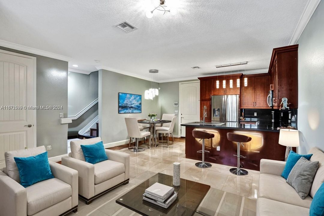 Spacious living room with nine foot ceilings