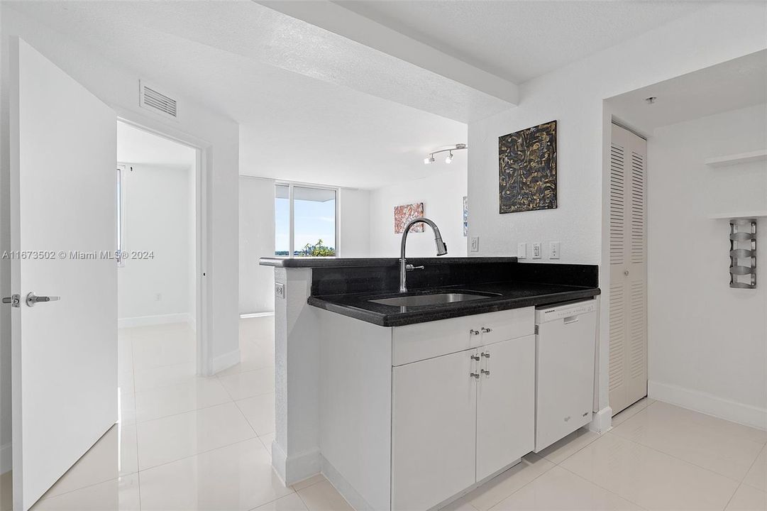 Open view of kitchen. Note modern faucet & granite counter.