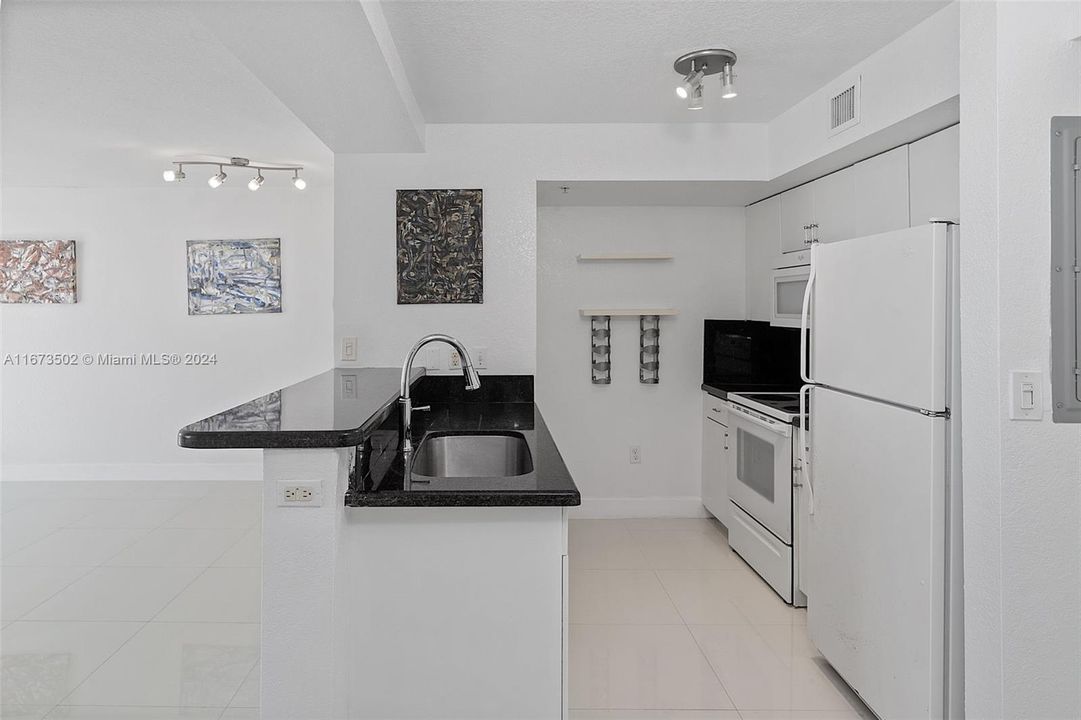 Open view of kitchen. Note modern faucet & granite counter.