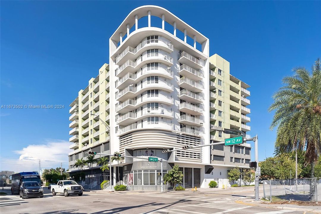 Full view of this modern building that faces south/west.