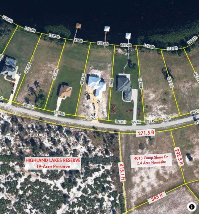 An aerial view showing the recorded dimensions of this 2.4 acre lot at 4013 Camp Shore Dr. Enjoy a potentially quiet street without much traffic driving by since this homesite is located just three lots from the end of a cul-de-sac at the end of Camp Shore Drive.