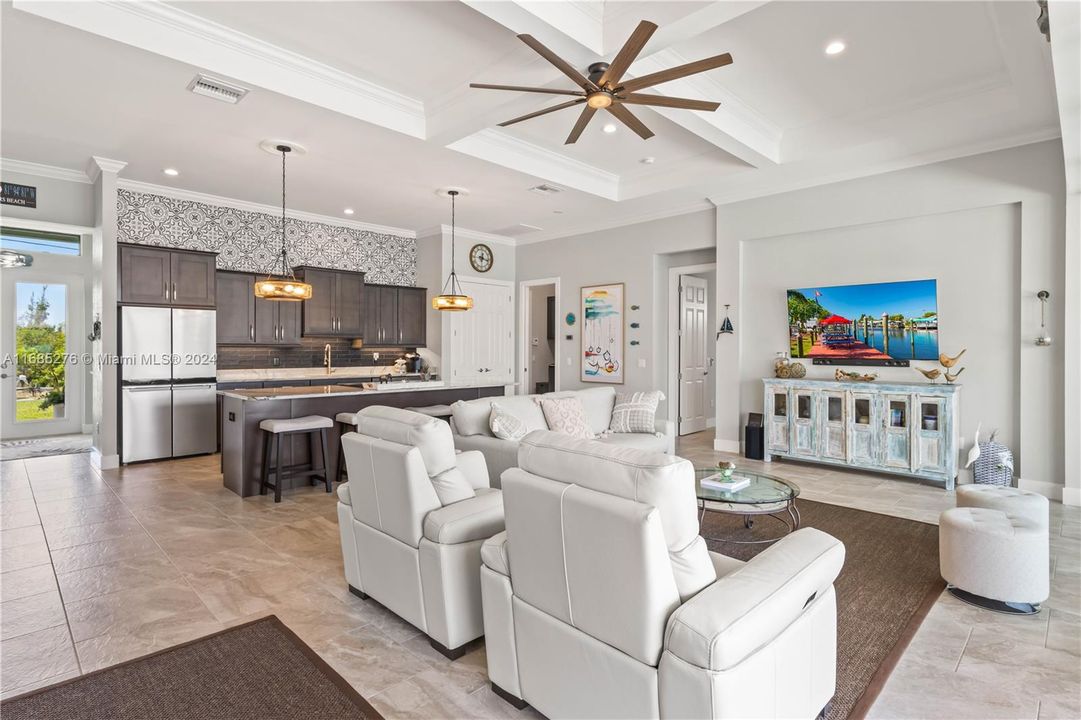 View of living area looking into kitchen!