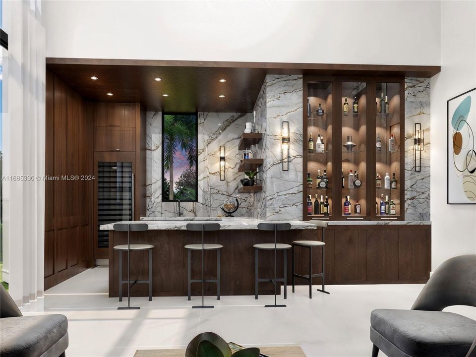 Exclusive entertainment room with a custom bar, ideal for hosting in a luxurious setting