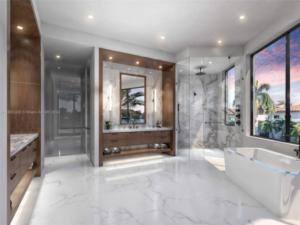 Opulent main bathroom with high-end finishes, offering a spa-like experience with stunning views