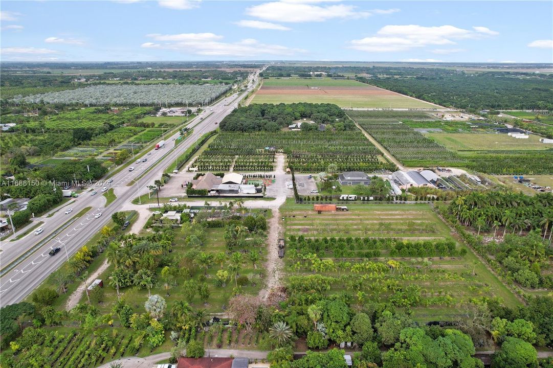 VIEW OF SW 177 AVENUE AKA KROME. DIRT DRIVE SEPERATES THE LG PLANTS  ON RACKS READY TO GO, THE BACK IS FIELD GROWN MATERIAL. ALL IRRIGATED EMPTYING ON SW 188 ST( DIRT). KROME IS THE MAIN CORRIDOR W SIDEWALK STREELIGHTS,ETC