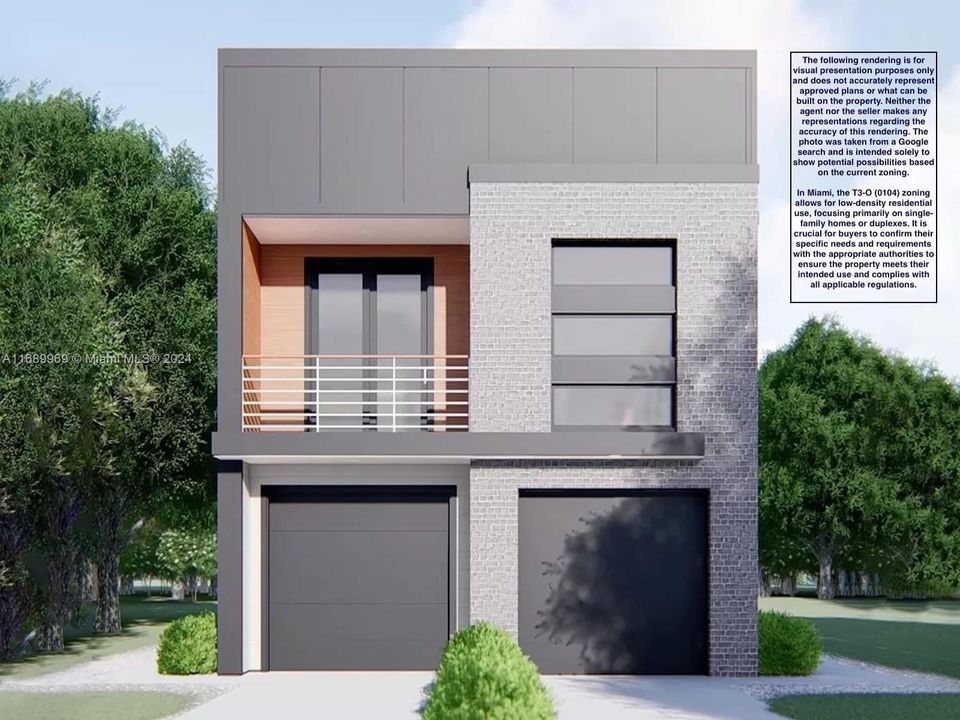 The following rendering is for visual presentation purposes only and does not accurately represent approved plans or what can be built on the property. It is intended to show potential possibilities based on the current zoning.In Miami, the T3-O (0104) zoning allows for low-density residential use, focusing primarily on single-family homes or duplexes. It is crucial for buyers to confirm their specific needs and requirements with the appropriate authorities to ensure the property meets their intended us