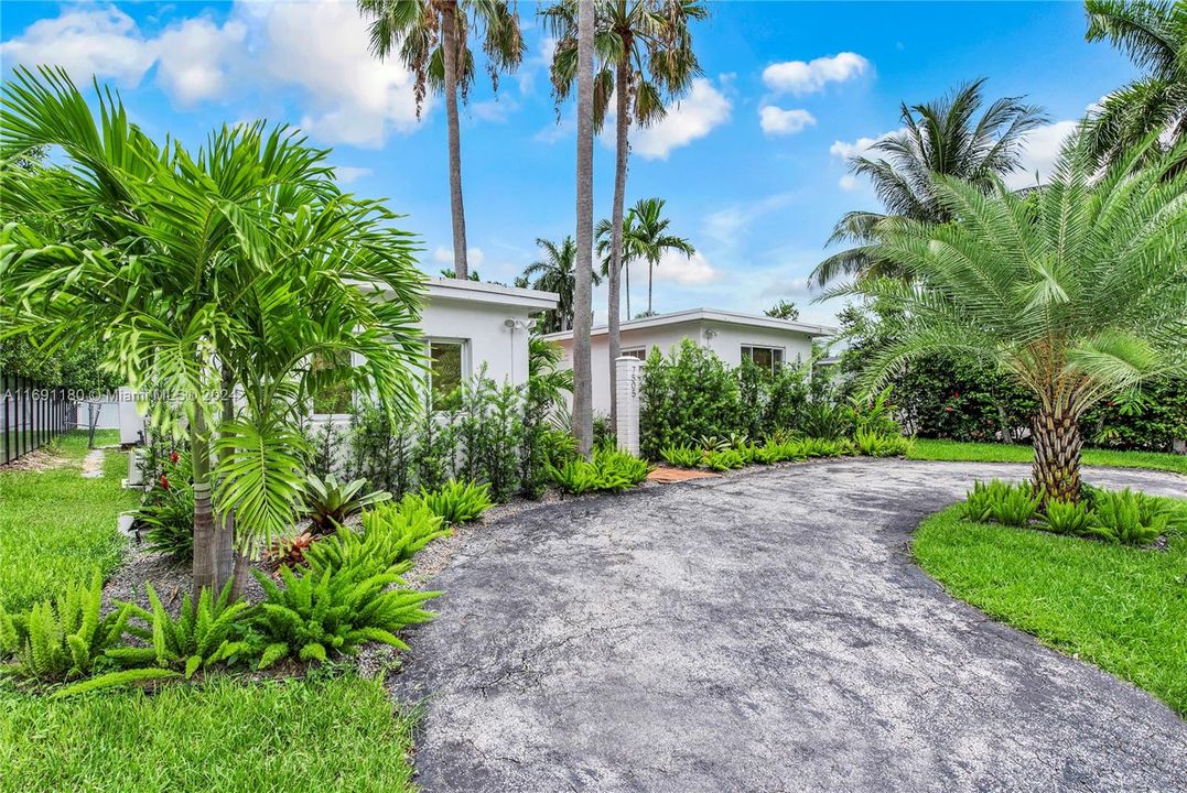 Tropical garden and parking area