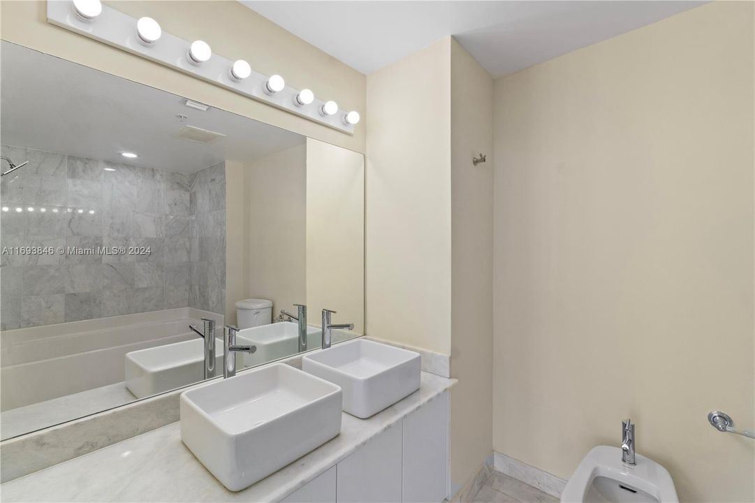 Master bathroom with dual sinks, bidet, and shower/tub