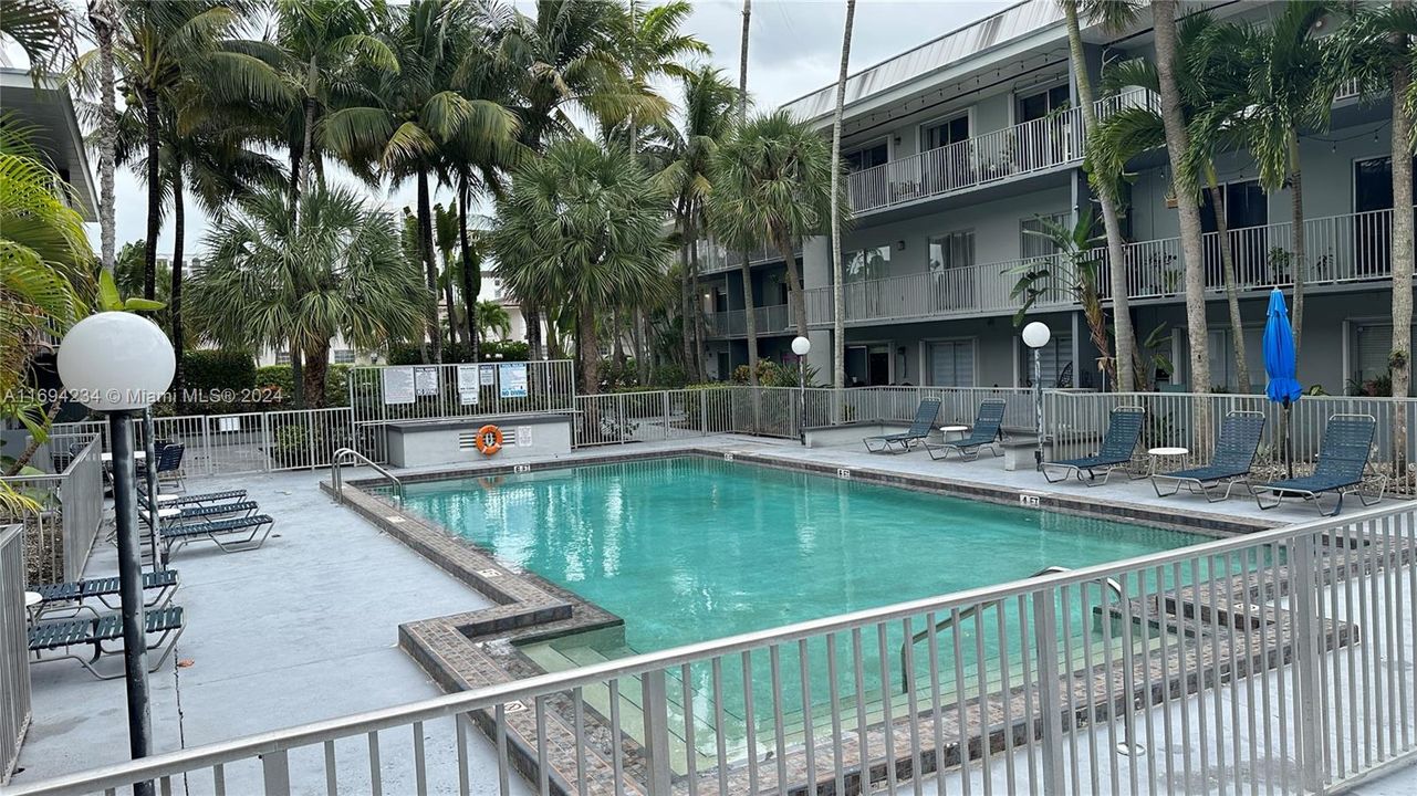 Sun bathing deck and grand swimming pool with child gate for safety.