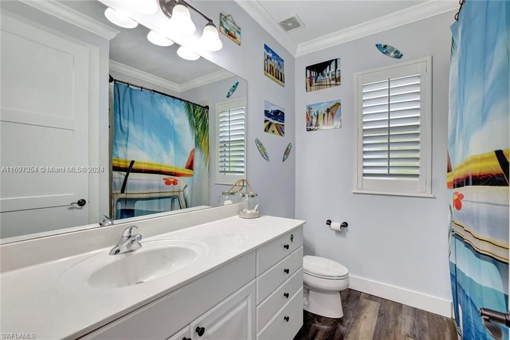 Bathroom featuring vanity, crown molding, hardwood / wood-style flooring, and toilet