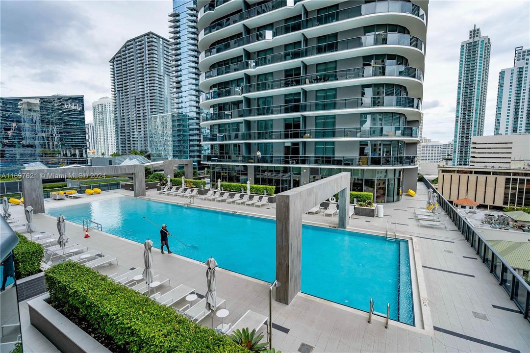 Sparkling clean pool and view over the iconic roof of the Brickell City Center