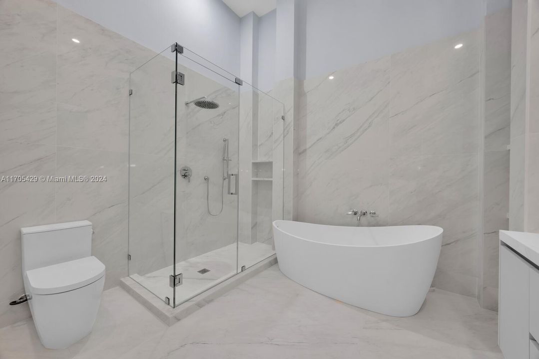 Custom glass shower with standalone tub, toilet and bidet