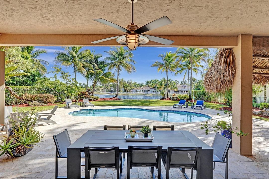 Large covered patio for outdoor lounging & dining