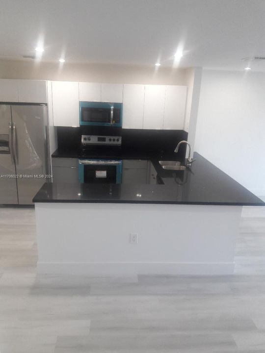 PARTIAL VIEW OF KITCHEN WITH QUARTZ COUNTER AND SS APPLIANCES