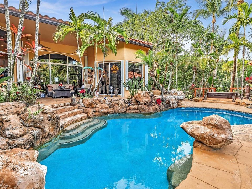 Freeform Pool, Covered Patio and Hot Tub